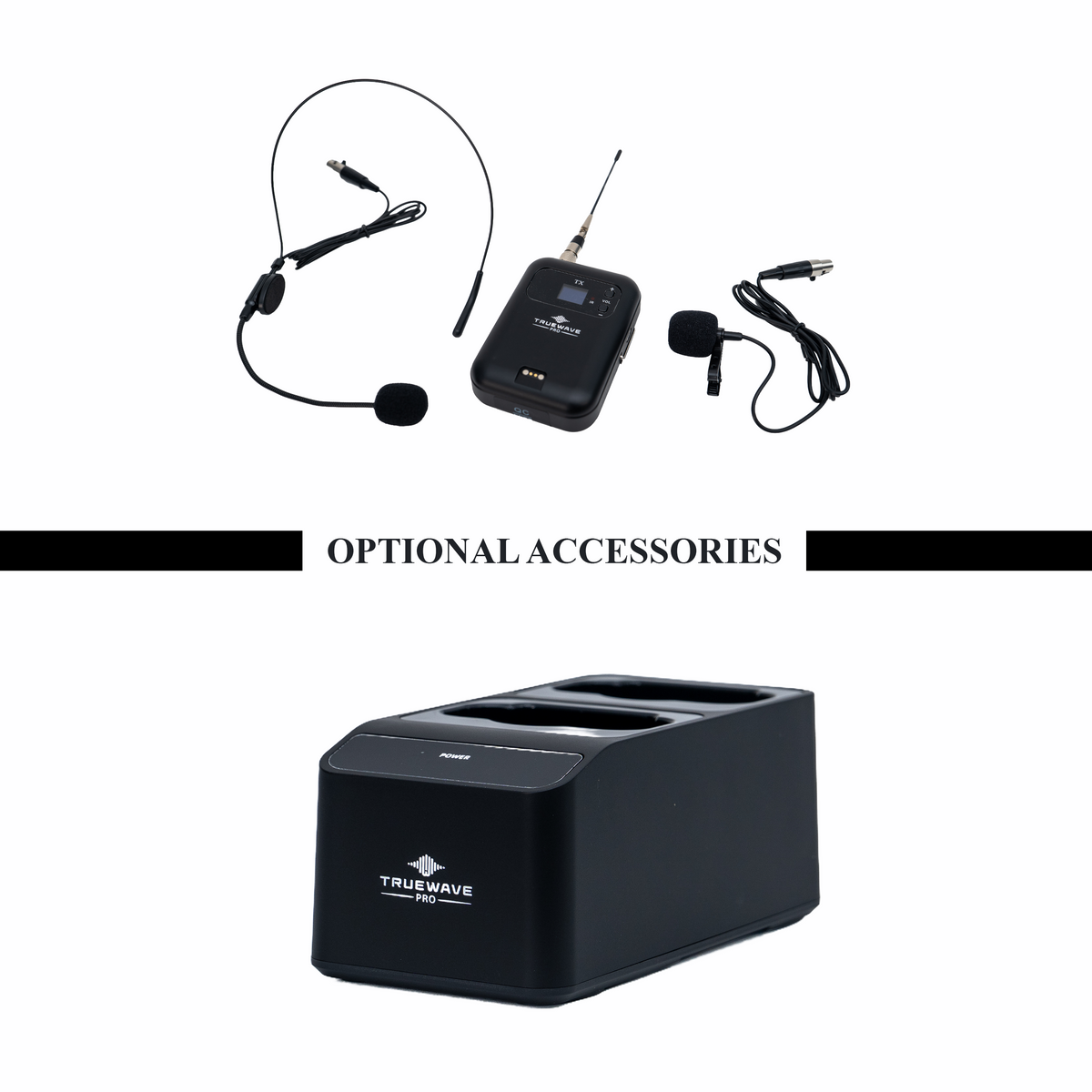 Optional TrueWave Pro AIR-BX headset, lapel bodypack and charging dock for AIR-B2